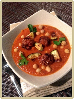 soupe aubergines tomate pois chiche et boulette merguez