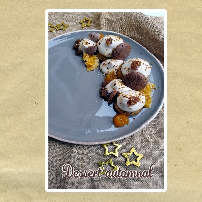 Dessert automnal marrons, agrumes, noisette et chocolat