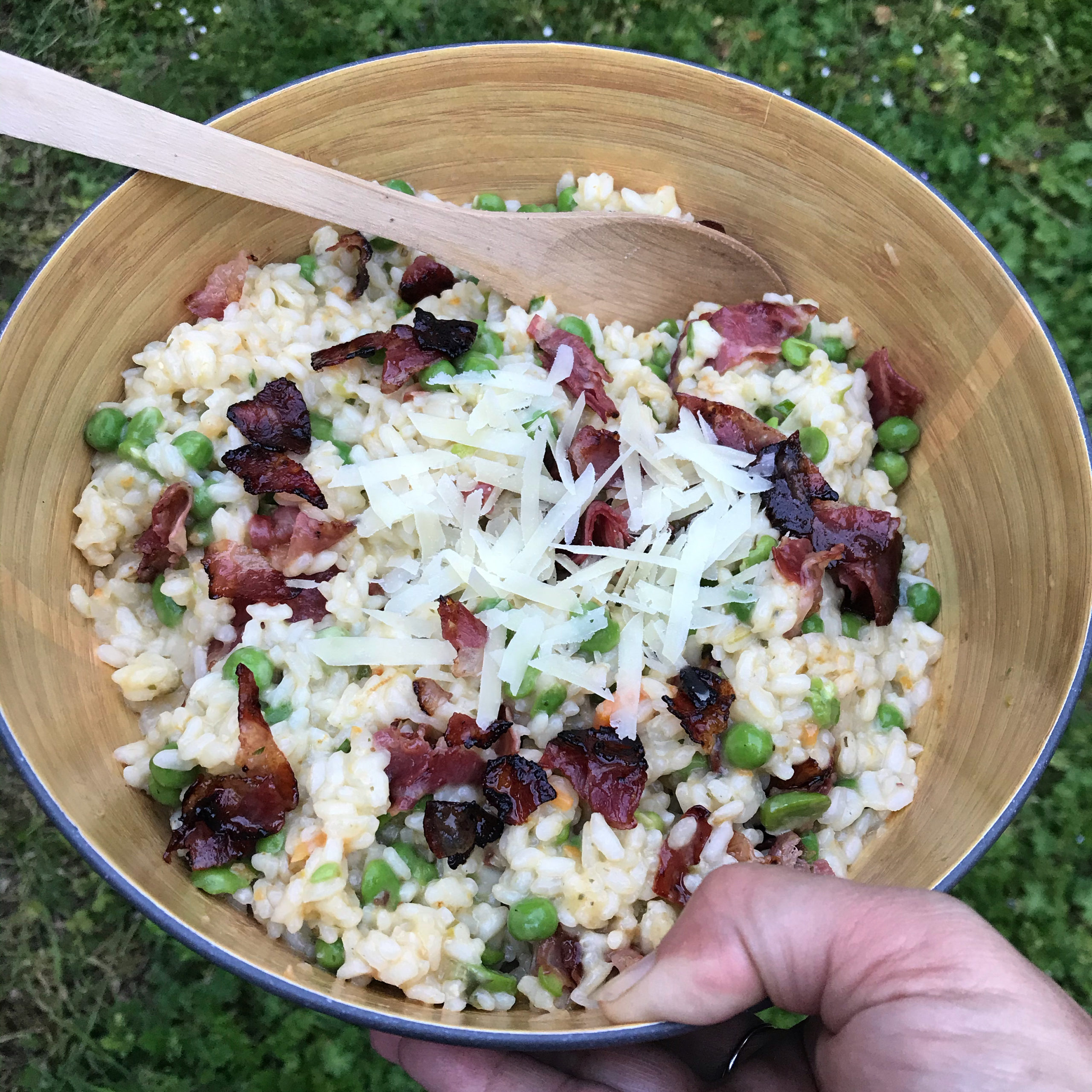 risotto petits pois feves pancetta